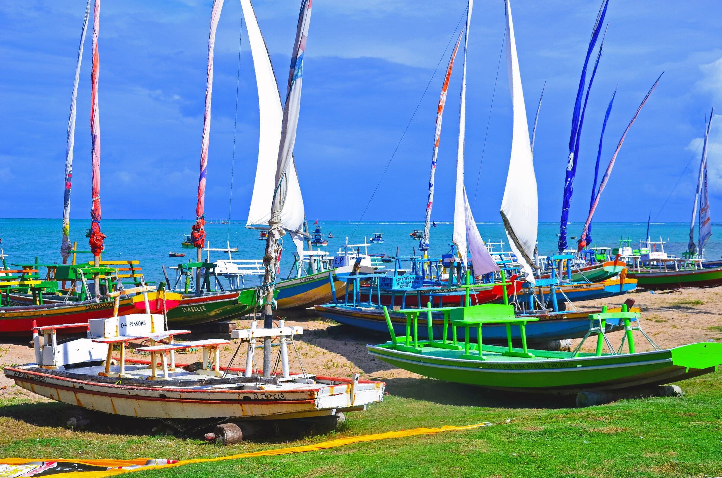 Jangadas coloridas com velas brancas na areia da orla da Pajuçara, com o mar ao fundo
